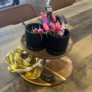 Wooden Two-Tier Tray with Black Pots and Flowers